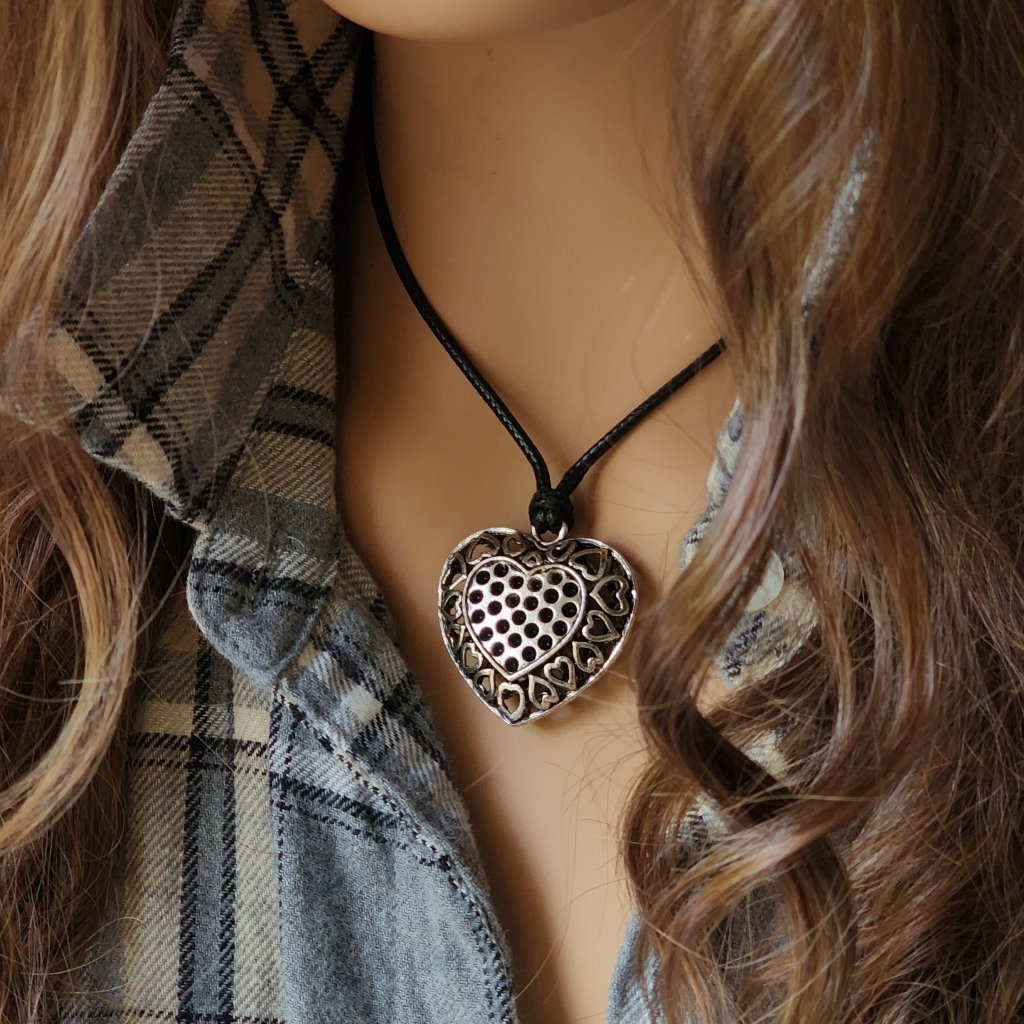 Silver Heart Pendant Black Cord Necklace Simple Boho Hypoallergenic Jewelry
